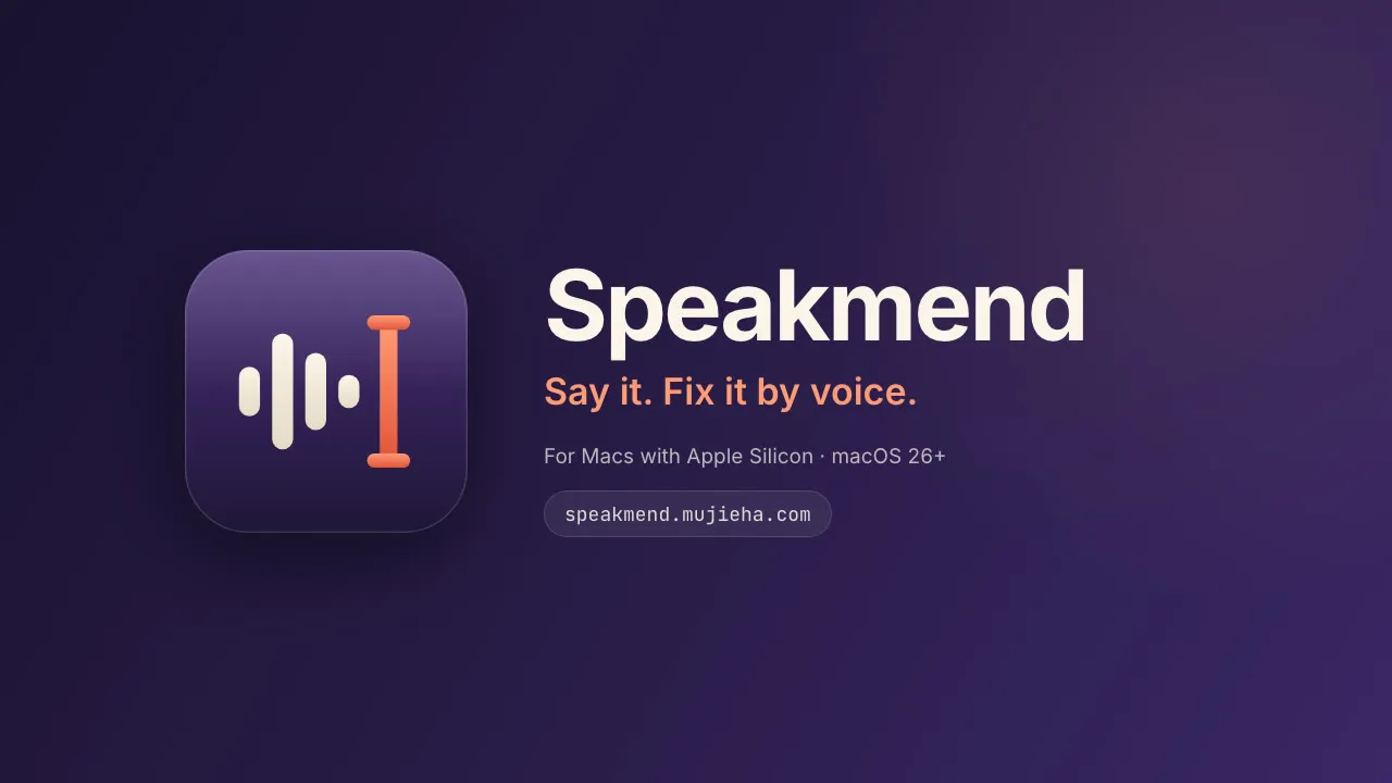 Speakmend in 21 seconds: holding Control + Option + Space, a sentence appears while it is spoken and lands in a message; saying “change Tuesday to Thursday” fixes it; saying “rewrite that more formally” rewrites it on the Mac; then four privacy points